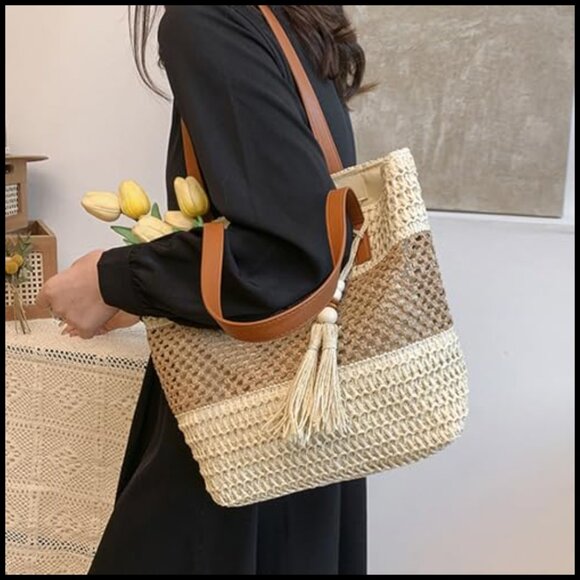 Straw Tote Handbag Handwoven Shoulder Bag Beach Summer Tassels Large Capacity - Picture 5 of 7